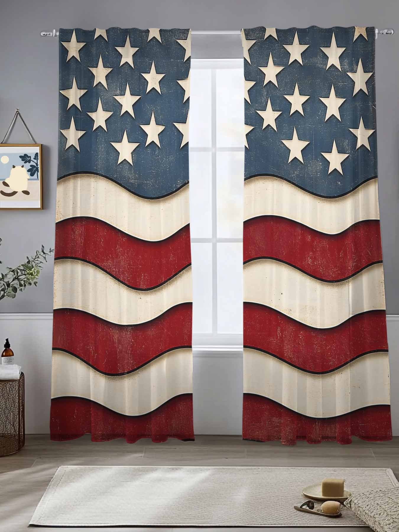 Retro American Flag Sheer Curtains for Living Room Bedroom White Star ...