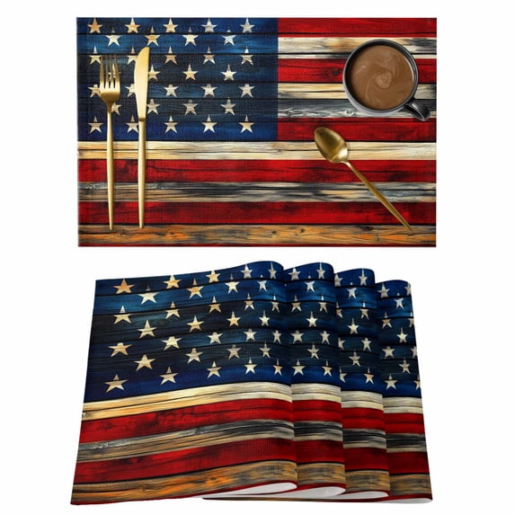 Retro American Flag Star and Stripe Placemats Set of 6,Wipeable Washable Table Mats for Dining Tables, Farmhouse Wooden Plank Place Mats for Kitchen Event Party Tabletop Decor