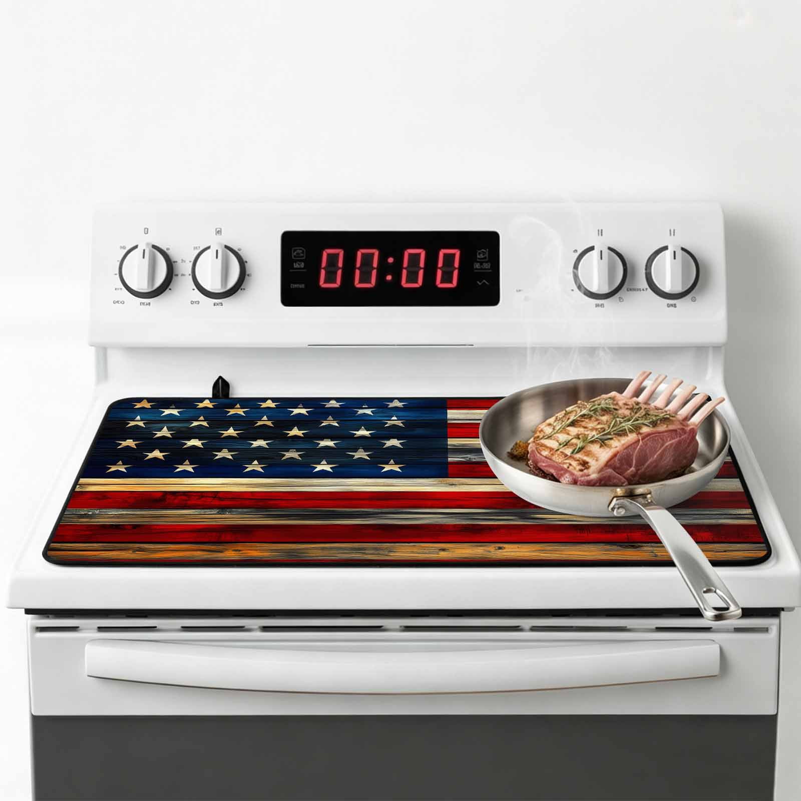 Retro American Flag Stove Top Cover for Electric Stove, Heat-proof & Non Slip Glass Top Stove Cover Protector, Blue Red USA Flag Vintage Wood Kitchen Flat Cooktop Rubber Mat 24x21 Inches