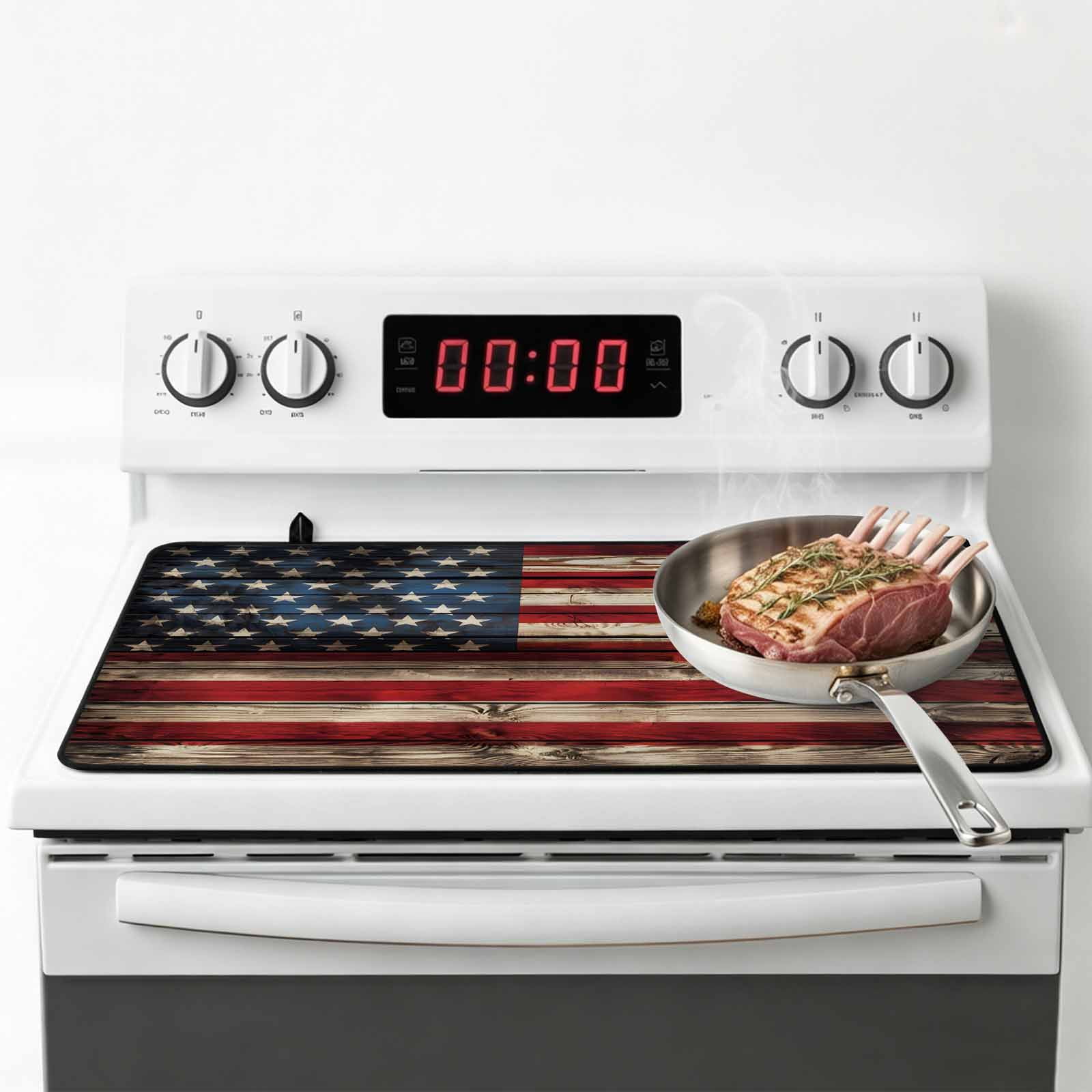 Retro American Flag Stove Top Cover for Electric Stove, Heat-proof & Non Slip Glass Top Stove Cover Protector, Red Blue Flag Vintage Wooden Kitchen Flat Cooktop Rubber Mat 24x21 Inches