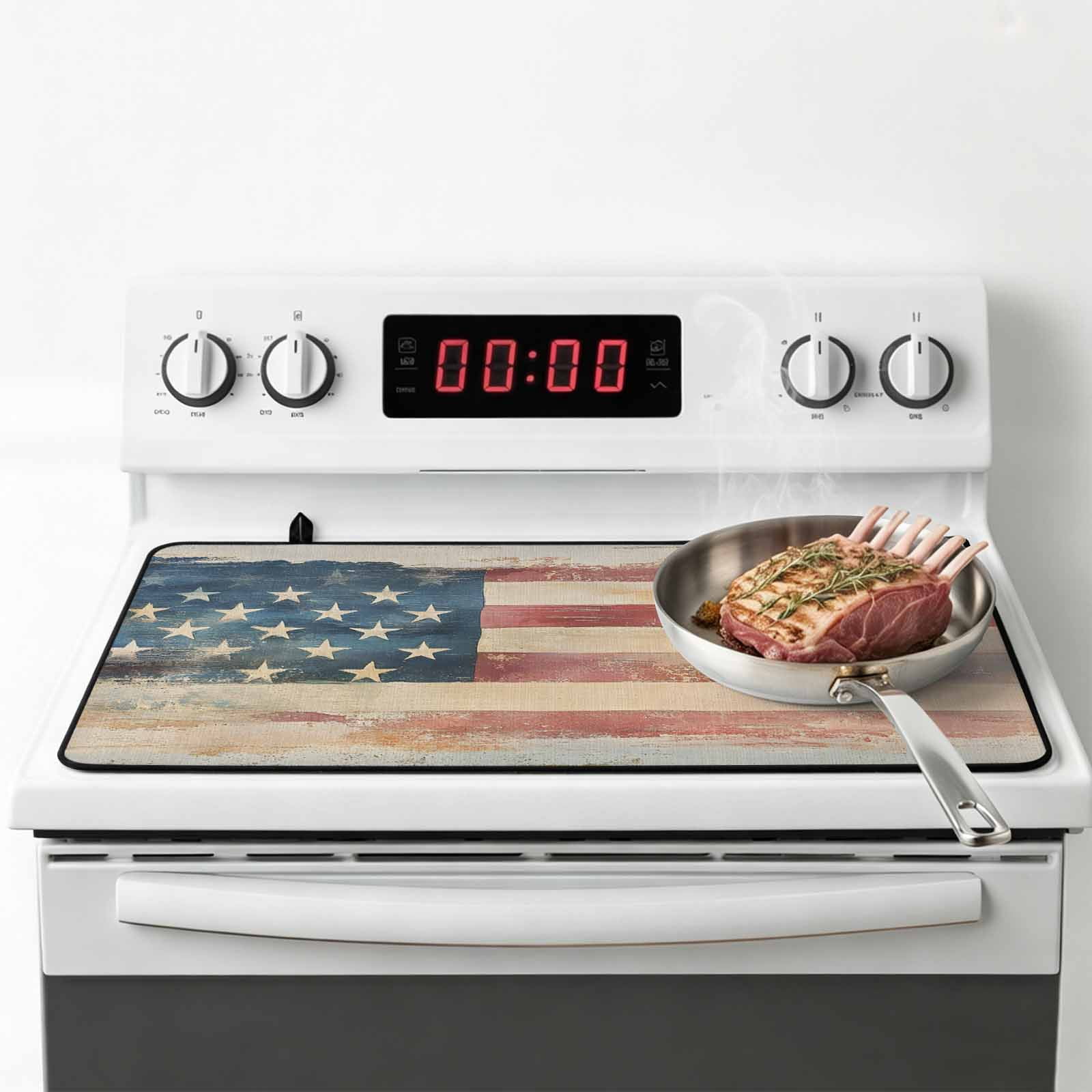 Retro American Flag Stove Top Cover for Electric Stove, Heat-proof & Non Slip Glass Top Stove Cover Protector, Rustic Star and Stripes US Flag Kitchen Flat Cooktop Rubber Mat 24x21 Inches