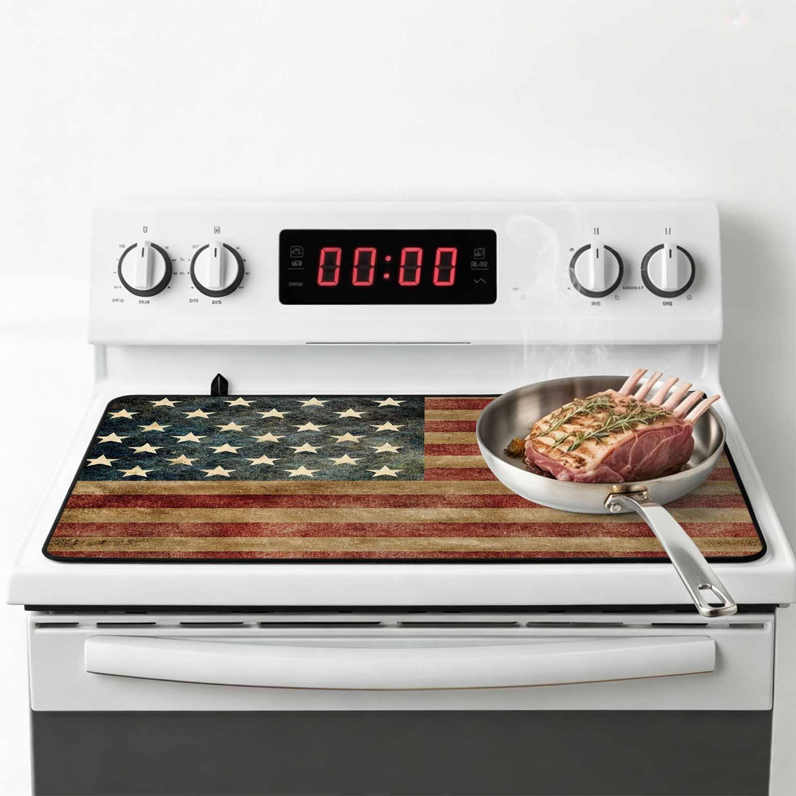 Retro American Flag Stove Top Cover for Electric Stove, Heat-proof & Non Slip Glass Top Stove Cover Protector, Vintage US Flag Red Striped Kitchen Flat Cooktop Rubber Mat 24x21 Inches