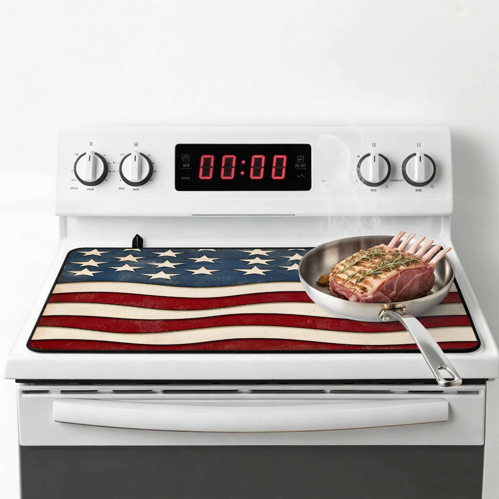 Retro American Flag Stove Top Cover for Electric Stove, Heat-proof & Non Slip Glass Top Stove Cover Protector, White Star Red Blue US Flag Kitchen Flat Cooktop Rubber Mat 24x21 Inches