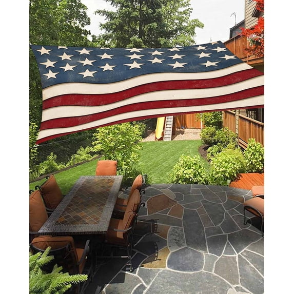 Retro American Flag Sun Sail Shades Rectangle Canopy,Sunlight Block Heavy Duty Curved Backyard Shade Cover,White Star Red Blue US Flag Waterproof Sun Shades for Patios Garden Pergola Outdoor 6.5'x10'