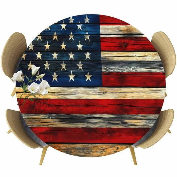 Retro American Flag Table Cloth, Round Fitted Tablecloths with Elastic Edge, Blue Red USA Flag Vintage Wood Wipeable Waterproof Table Cover for Kitchen Wedding 55-60 Inches