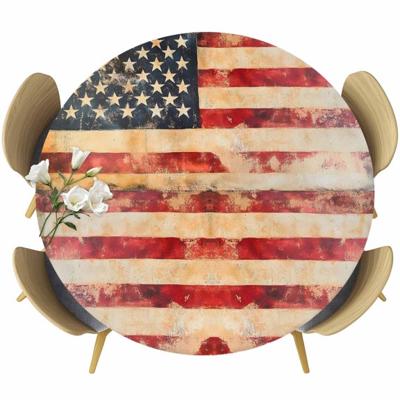 Retro American Flag Table Cloth, Round Fitted Tablecloths with Elastic Edge, Vintage Red Strip Star US Flag Wipeable Waterproof Table Cover for Kitchen Wedding 55-60 Inches