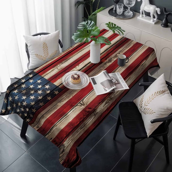 Retro American Flag Table Cloth Waterproof Tablecloths, Red Blue Flag Vintage Wooden Tablecloth Dining Table Cover for Kitchen Party Tabletop Outdoor, Rectangle Tablecloth 60x120 Inch