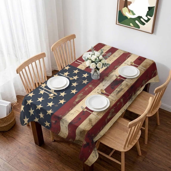 Retro American Flag Table Cloth Waterproof Tablecloths, Vintage Shabby US Flag Tablecloth Dining Table Cover for Kitchen Party Tabletop Outdoor, Rectangle Tablecloth 60x84 Inch