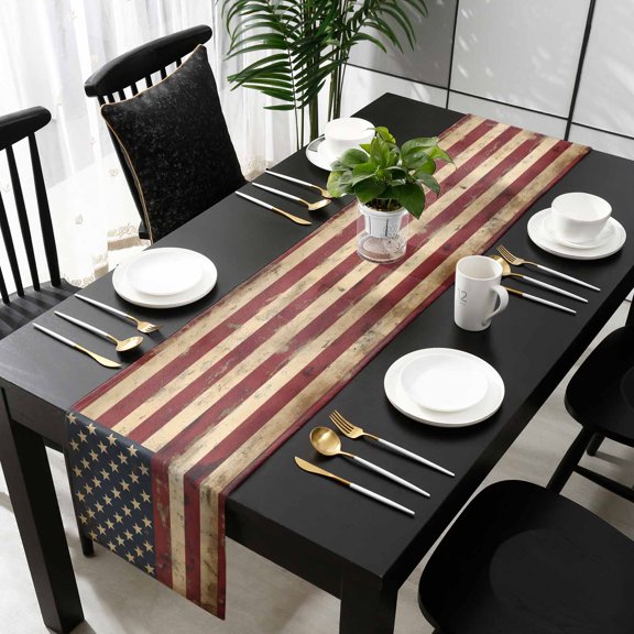 Retro American Flag Table Runner 36 Inches Small, Vintage Shabby US Flag Kitchen Dining Burlap Linen Tablerunner for Small/Round/Square/Wedding/Coffee/Dining Table Party Home Décor 13 x 36
