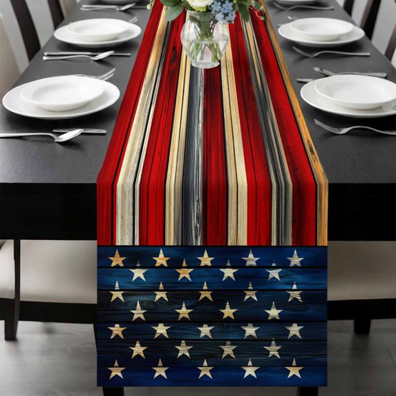Retro American Flag Table Runner 48 Inches Long, Blue Red USA Flag Vintage Wood Kitchen Coffee Dining Table Decoration for Home Party Birthday Wedding Home Decor 13x48 Inches