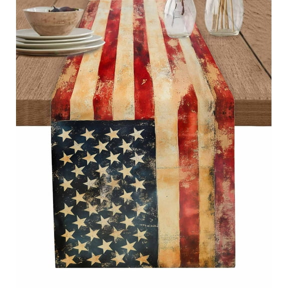 Retro American Flag Table Runner 48 Inches, Vintage Red Strip Star US Flag Bed Runner Dresser Scarves Tabletop for Indoor Outdoor Parties/Ceremony/Banquet, 13" x 48"