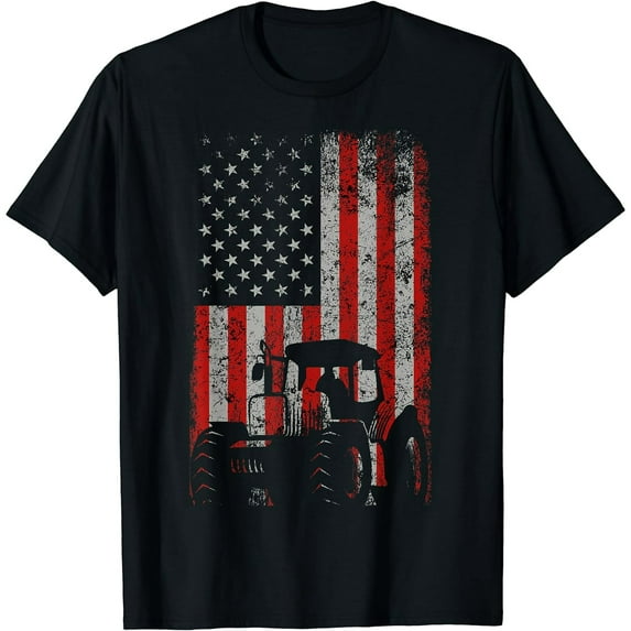 Retro American Flag Tractor Gift Men Women Short Sleeve Black T-Shirt