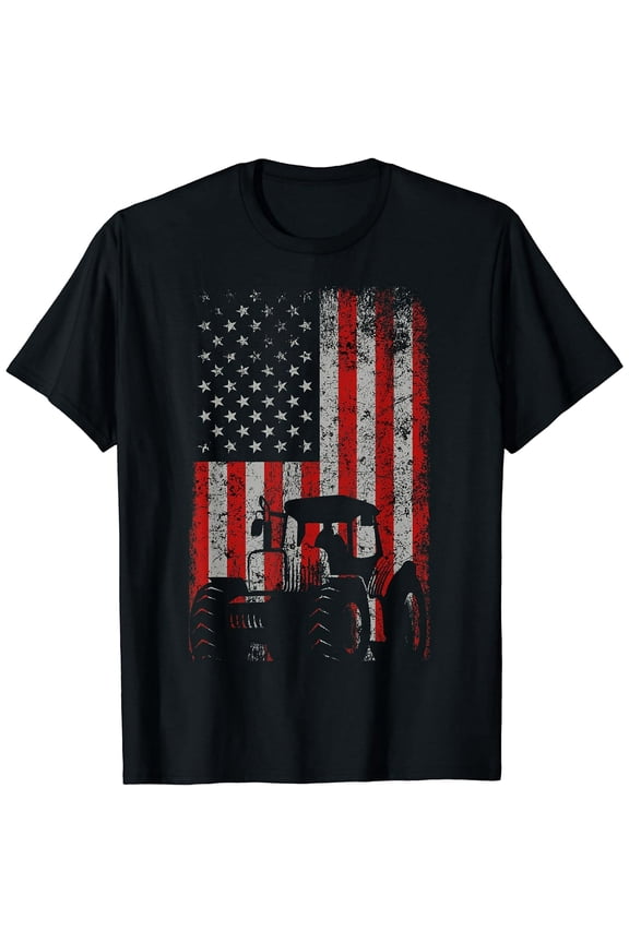 Retro American Flag Tractor Gift Men Women Short Sleeve Black T-Shirt