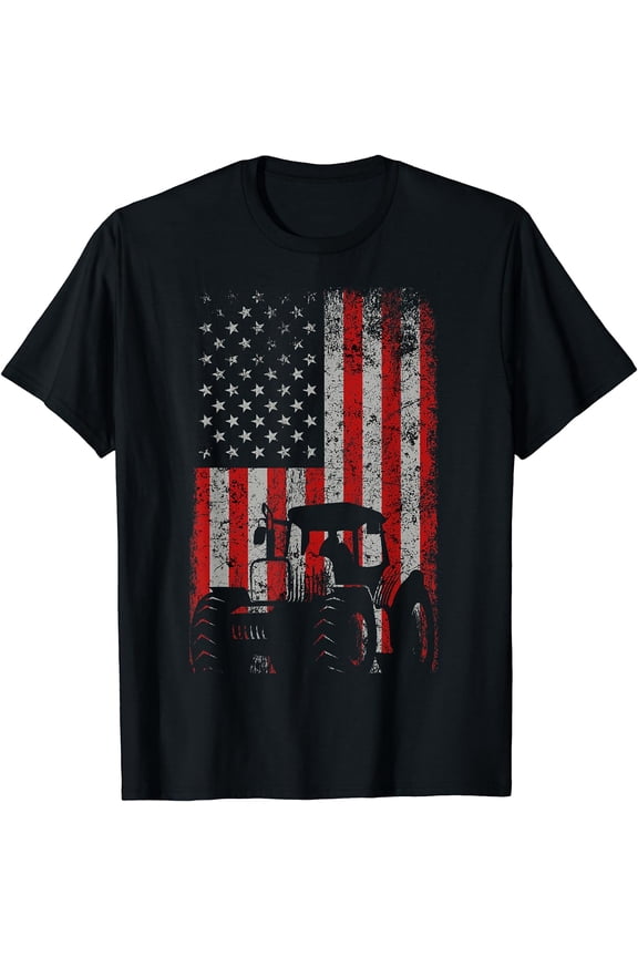 Retro American Flag Tractor Gift Men Women Tractor Farm T-Shirt Black Medium