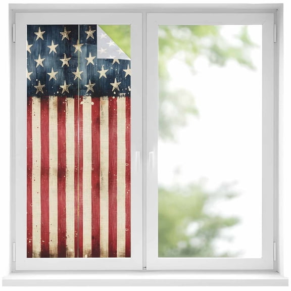 Retro American Flag Window Privacy Film, 4th of July Independence Day USA Flag Frosted Glass Window Clings Static Cling UV Heat Blocking Reusable Door Sticker for Bathroom 19.6 x 39.3 Inch
