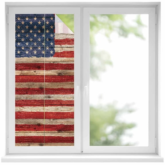 Retro American Flag Window Privacy Film, Vintage USA Flag Red Blue Wooden Static Cling UV Sun Blocking Heat Control Window Tint Day and Night, Non-Adhesive One Way Windows Privacy Cover 17.7''x39.3''