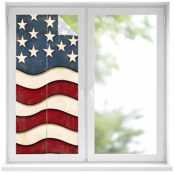 Retro American Flag Window Privacy Film, White Star Red Blue US Flag Static Cling UV Sun Blocking Heat Control Window Tint Day and Night, Non-Adhesive One Way Windows Privacy Cover 19.6''x39.3''