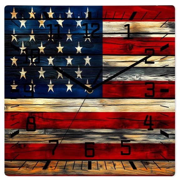Retro American Flag Wooden Wall Clock Silent Non Ticking, Blue Red USA Flag Vintage Wood Square Wall Clocks Battery Operated, Decor Clock for Home Office, Living Room, Kitchen, 10 Inch