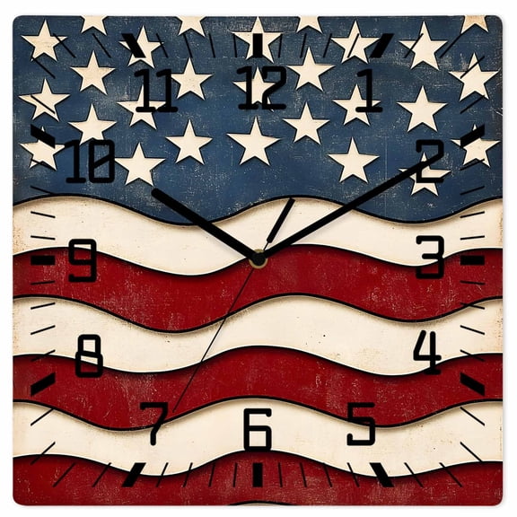 Retro American Flag Wooden Wall Clock Silent Non Ticking, White Star Red Blue US Flag Square Wall Clocks Battery Operated, Decor Clock for Home Office, Living Room, Kitchen, 12 Inch