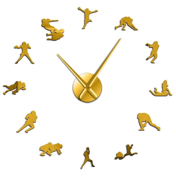 Retro American Football Sport Large DIY Wall Clock Rugby Wall Art Big Time Clock Watch Football Sportsman Portrait Gift For Him(Gold,27inch)
