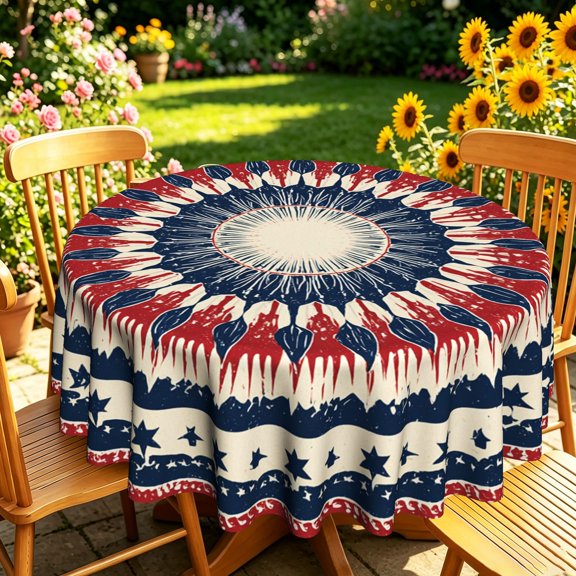 Retro American Style Star Striped Sunburst 2D Print Round Tablecloth, Decorative Patterned Table Cover for Patio Kitchen Dining, Holiday Gatherings