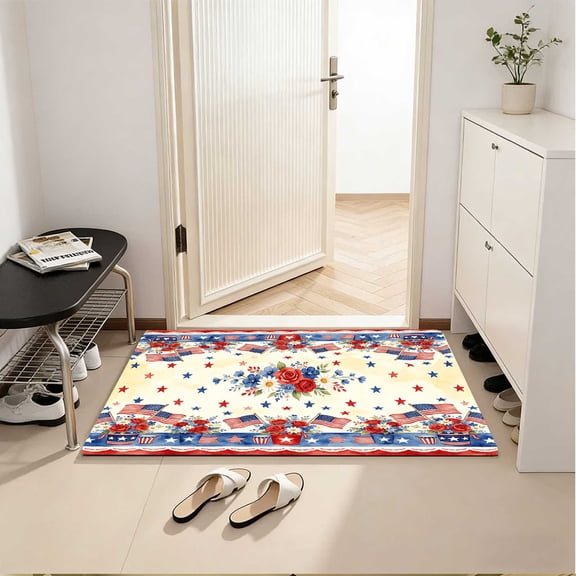 Retro American Wreath Welcome Doormat, Floral Patriotic Wreath US Flag Print, Multi-Room Indoor Outdoor Decor Mat, US Independence Day Holiday Home Gift