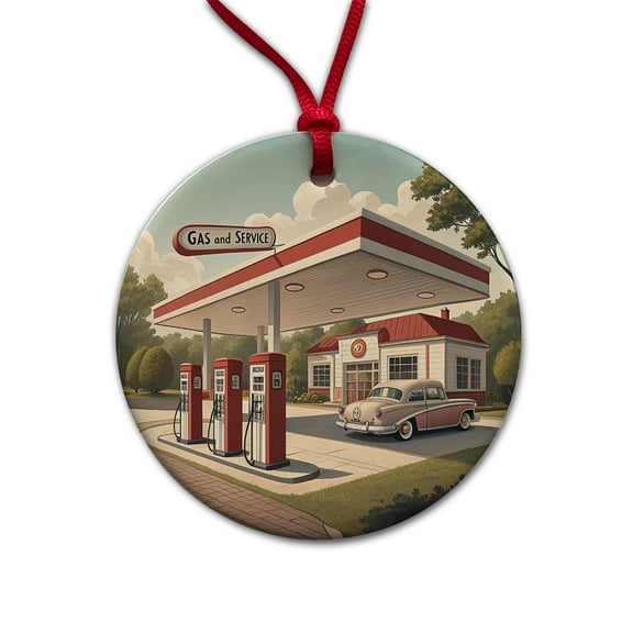 Retro Americana 1950's Gas Station Convenience Store Christmas Tree Holiday Round Ceramic Ornament