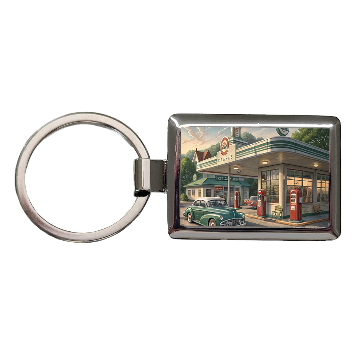 Retro Americana 1950's Main Street Gas Station Metal Rectangle Keychain ...