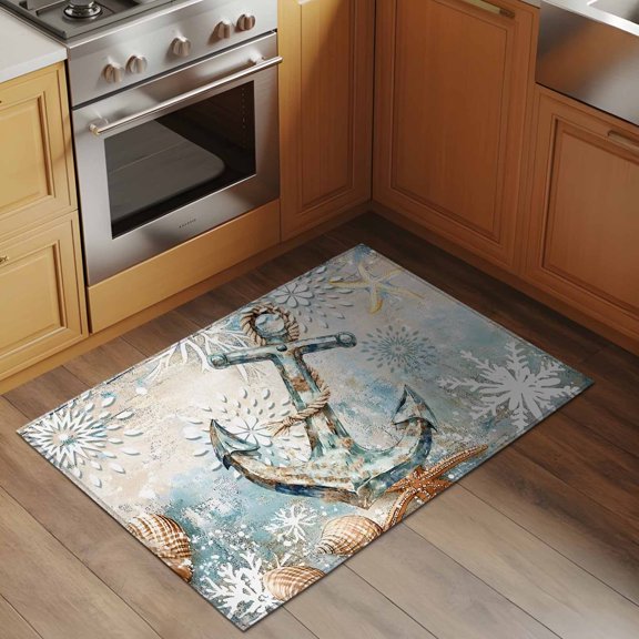Retro Anchor 2x3 Rug for Entryway Front Door Kitchen Sink Area, Nautical Starfish Summer Beach Bohemian Floral Low Pile Washable Non Slip Rectangle Area Rug