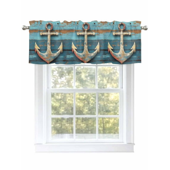 Retro Anchor Curtain Valances for Windows, Vintage Nautical Navy Blue Brown Wooden Kitchen Valance Window Treatment, Light Filtering Block Curtains for Bathroom/Bedroom/Living Room 54'' x 18''