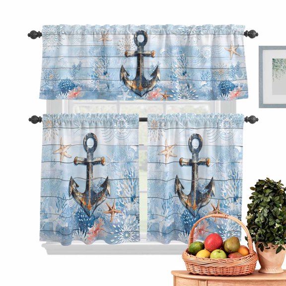 Retro Anchor Kitchen Curtains Valances 3 Piece Set, Ocean Coral Starfish Rod Pocket Tier Curtain and Valance Drapes for Small Window 24 Inch Length for Bedroom Cafe