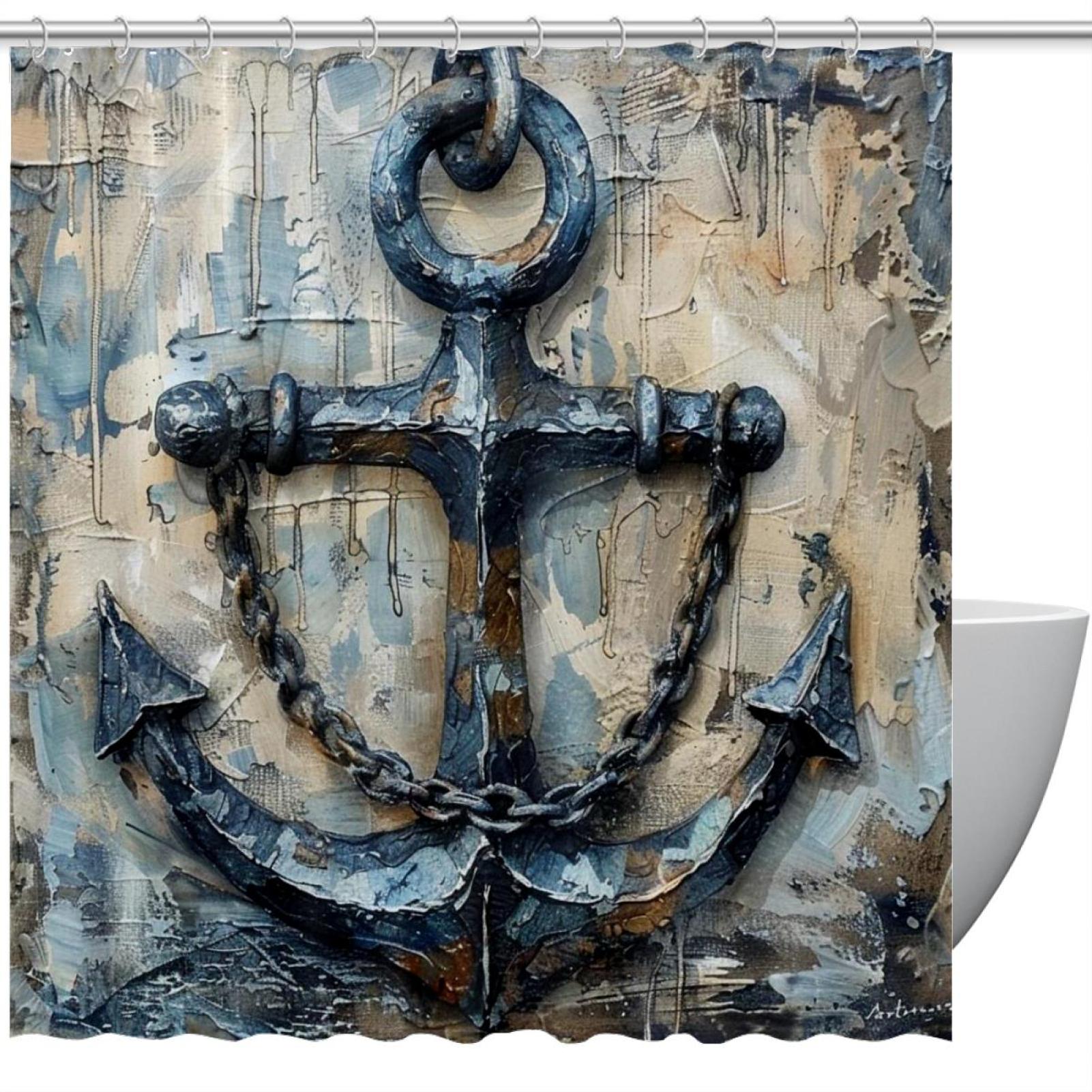 Retro Anchor Shower Curtain, Polyester Shower Curtain with Hooks