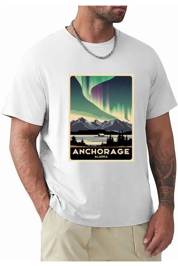 Retro Anchorage Alaska Cityscape Travel Souvenir Vacation Art T-shirt, for men & women, up to size 5XL.