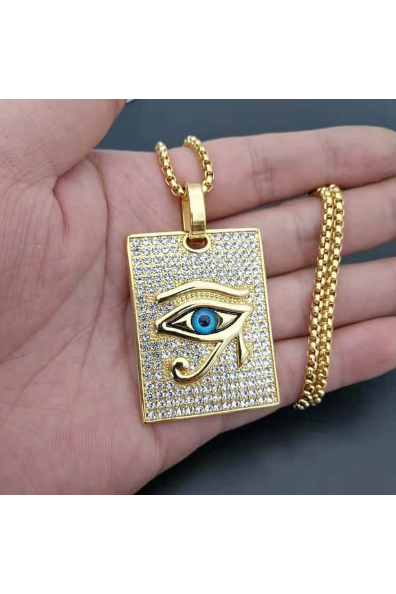 Retro Ancient Egyptian Pharaoh Horus Eye of God 14K White Gold Necklace Men and Women Hip Hop Rotatable Pendant Sweater Chain Punk Jewelry