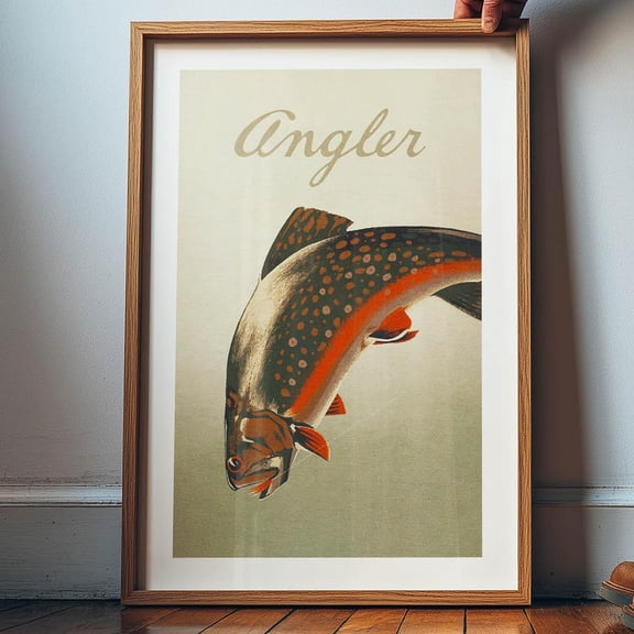 Retro Angler Print: Outdoors Art Trout Fish Poster Cabin Wall Decor