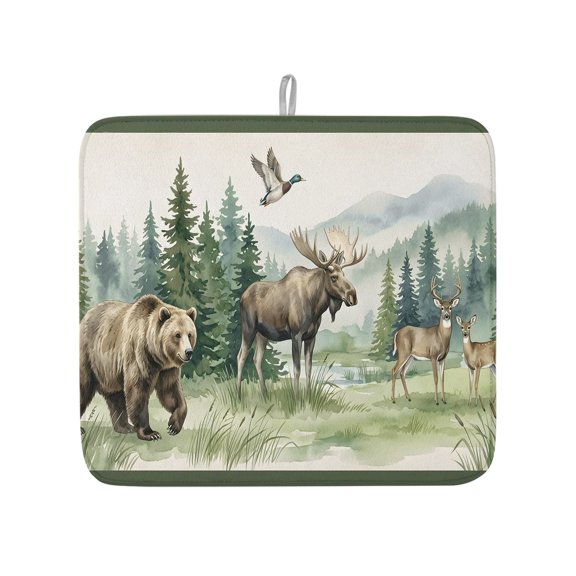 Retro Animal Bear Moose Dish Drying Mats for Kitchen Counter,Absorbent Microfiber Dish Drainer Rack Mat Green Pine Trees Drying Pad for Sinks,Utensils,Countertops,16x18in