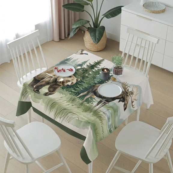 Retro Animal Bear Moose Table Cloth 54x54in, Waterproof Square Tablecloth Wipeable Tablecloths Green Pine Trees Table Covers for Dining Tables Party Indoor Outdoor
