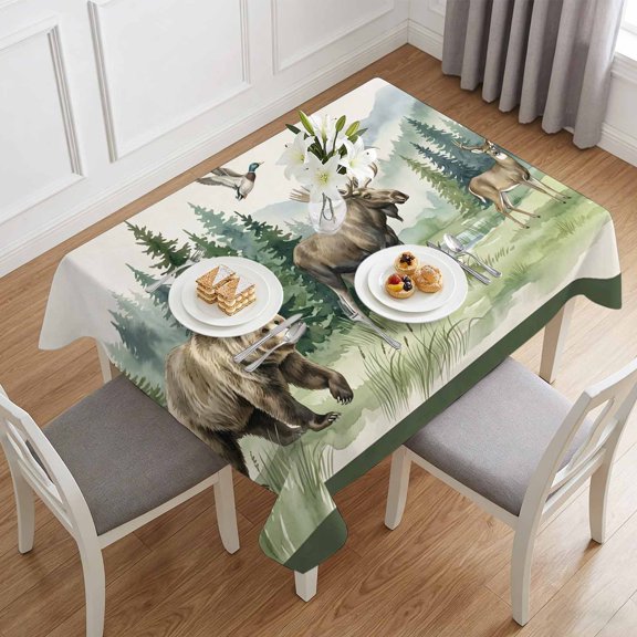 Retro Animal Bear Moose Table Cloth 60x84in, Waterproof Rectangle Tablecloth Wipeable Tablecloths Green Pine Trees Table Covers for Dining Tables Party Indoor Outdoor