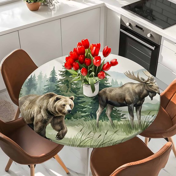 Retro Animal Pattern Bear Moose Round Fitted Tablecloth with Elastic Edge,Waterproof Table Cloth Fits Tables Up to 36"-44",Wipeable Table Cover for Indoor Outdoor Dinning Party,Green Pine Trees