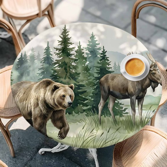 Retro Animal Pattern Bear Moose Round Fitted Tablecloth with Elastic Edge,Waterproof Table Cloth Fits Tables Up to 55"-60",Wipeable Table Cover for Indoor Outdoor Dinning Party,Green Pine Trees