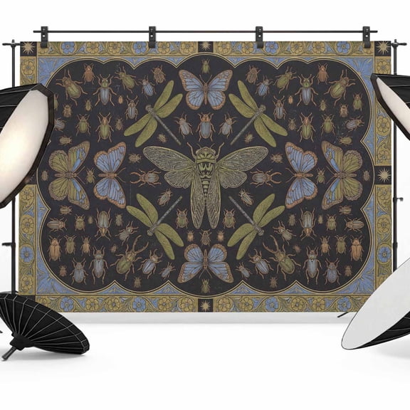Retro Animal Photography Backdrop 7x5FT, Gold Dragonfly Butterfly Geometric Floral Black Photo Backdrops, Background for Photography Studio Photo Studio Background, Back Drop for Photoshoot