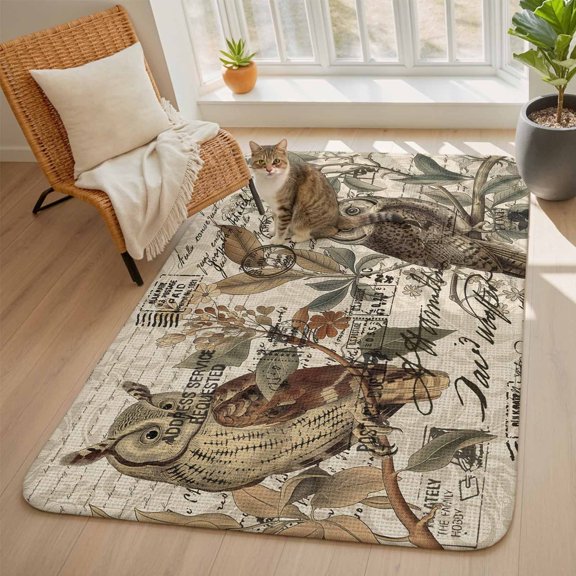 Retro Animal Print Area Rugs for Living Room 5x6, Rustic Owl Envelope Pattern Linen Washable Area Rug with Non Slip Backing, Stain Resist Linen Carpet for Bedroom, Dining Room, Entryway, Entrance