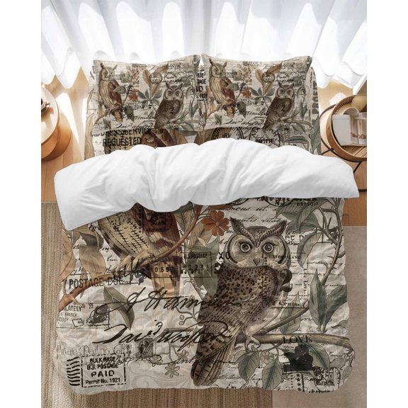 Retro Animal Print Bedding Duvet Cover Set Queen Size 4 Pieces Rustic Owl Envelope Pattern Linen Bedding Set with Zipper Closure, 1 Comforter Cover 90x90 Inches 1 Flat Sheet & 2 Pillow Cases