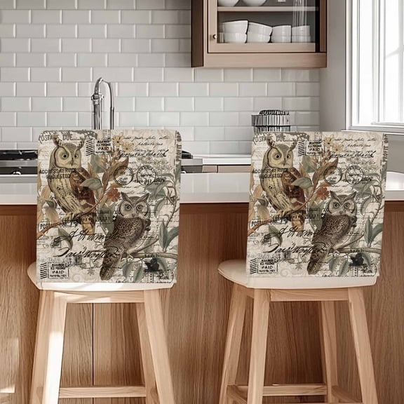 Retro Animal Print Chair Covers Set of 4 Rustic Owl Envelope Pattern Linen Chair Back Covers Stretch Removable Washable Slipcovers Protector for Dining Room Kitchen Party Decor