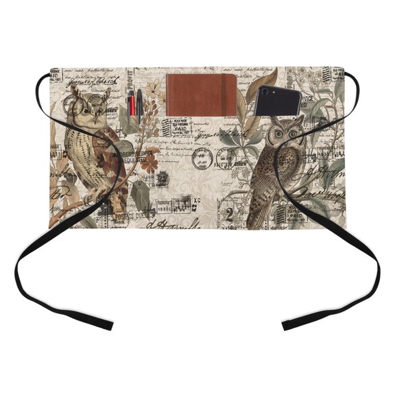 Retro Animal Print Kitchen Restaurant Half Waist Apron, Rustic Owl Envelope Pattern Linen Server Short Apron with 3 Pockets Waterproof Oil Waist Aprons for Women Waitress Waiter