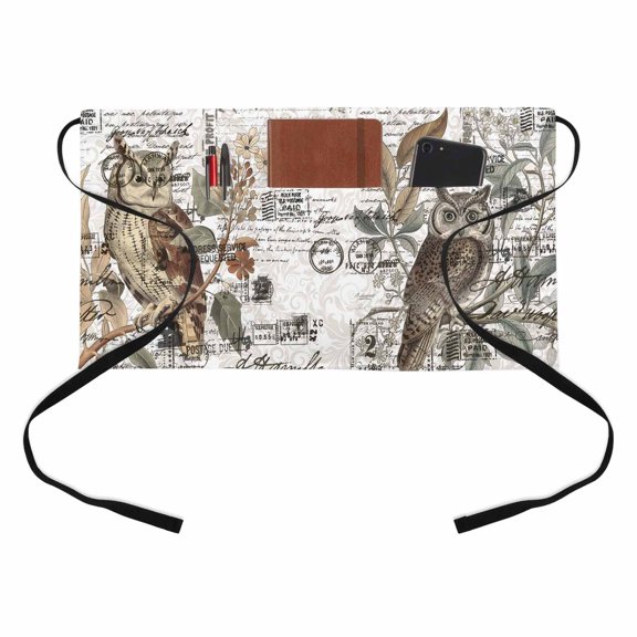 Retro Animal Print Kitchen Restaurant Half Waist Apron, Rustic Owl Envelope Pattern Server Short Apron with 3 Pockets Waterproof Oil Waist Aprons for Women Waitress Waiter