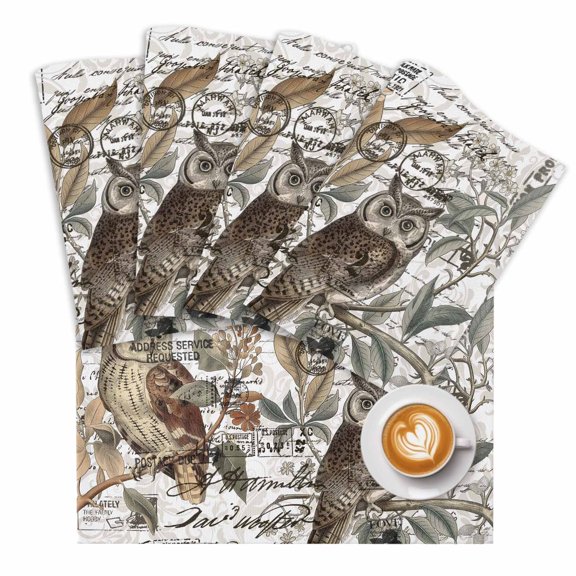 Retro Animal Print Placemats Set of 2 Rustic Owl Envelope Pattern Place Mats Washable Table Mats for Party Kitchen Dining Decoration, 13 X 19 Inch