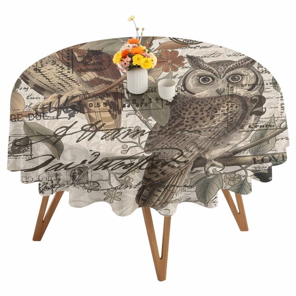 Retro Animal Print Round Tablecloth 54 inches Rustic Owl Envelope Pattern Linen Waterproof Oil-Proof Table Cloth Round Table Cover for Holiday Party Picnic Dinner Decor Indoor and Outdoor Use