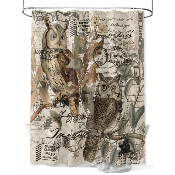 Retro Animal Print Shower Curtain, Rustic Owl Envelope Pattern Linen Waterproof Shower Curtain Set with 12 Hooks Lightweight Washable Fabric Shower Curtains for Bathroom 60x72 Inches