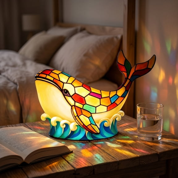 Retro Animal Style Stained Resin Series Table Lamp,Stained Glass Whales Night Light, Whale-Shape Night Light Bedside Desktop Lamp for Holiday Birthday Gift, Home Decor